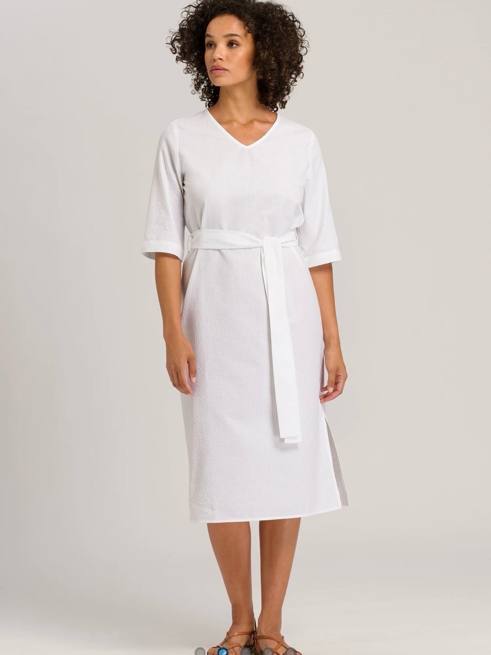Hanro White V-Neck Belted Midi Dress